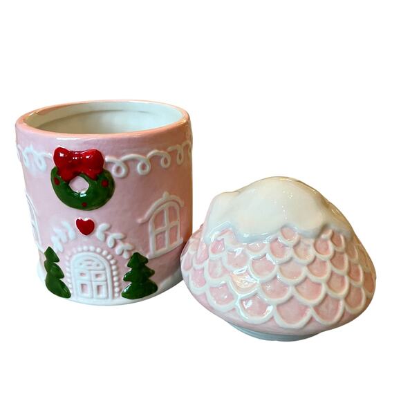Pinkmas Gingerbread House Ceramic Canister Cookie Jar 7.5in Holiday NEW - Picture 11 of 15